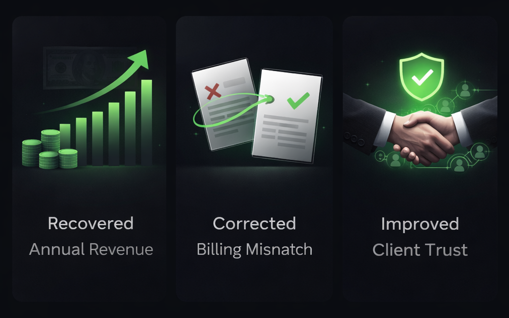 MSP case study outcomes showing recovered revenue, fixed billing gaps, and corrected overbilling