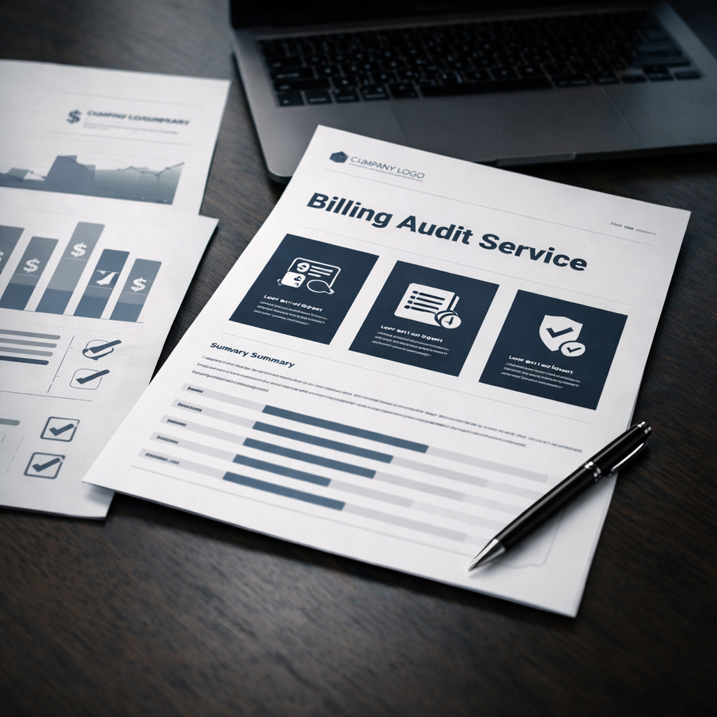 One-page monthly billing audit service summary document showing client benefits
