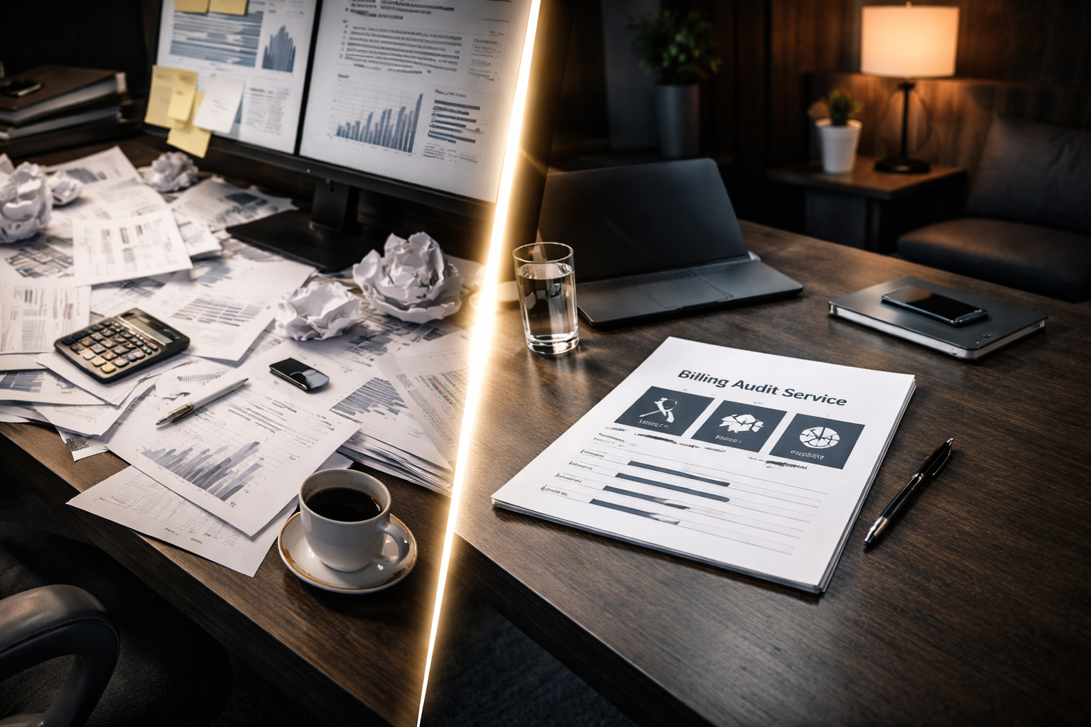 Before and after transformation from chaotic spreadsheets to organized SaaS billing dashboard