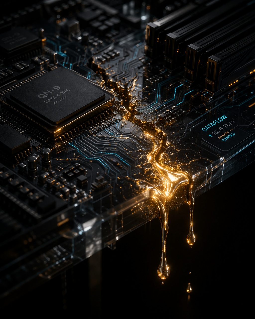 Revenue leaking from billing data infrastructure, visualized as molten gold on a dark circuit board